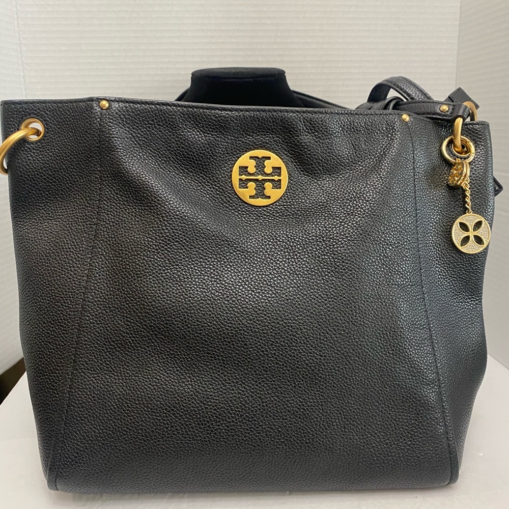 Tory Burch Everly Pebbled Leather Black Bag Gold Accents NWOT